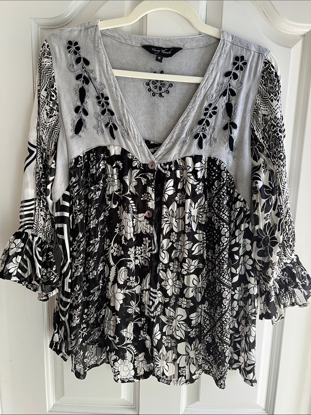 Black and Gray Floral Patchwork V-Neck Button Blouse by Tracy Lynne